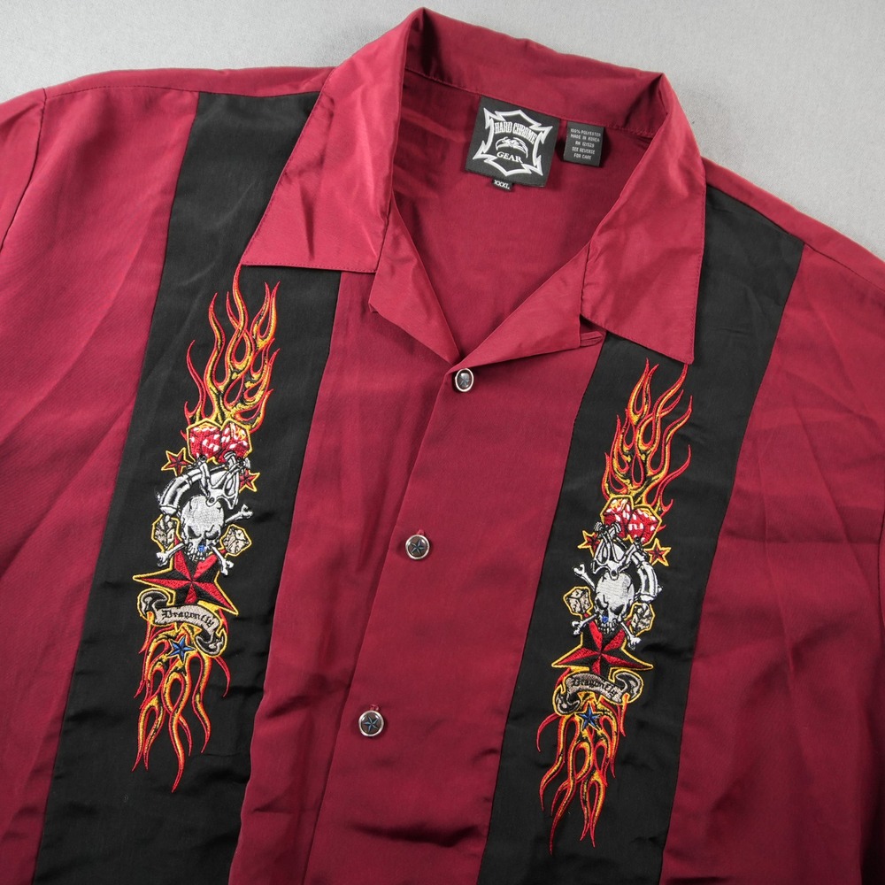 Y2K Hard Chrome Gear Skull Flame Embroidered Bowling Button Up Shirt Mens XXXL